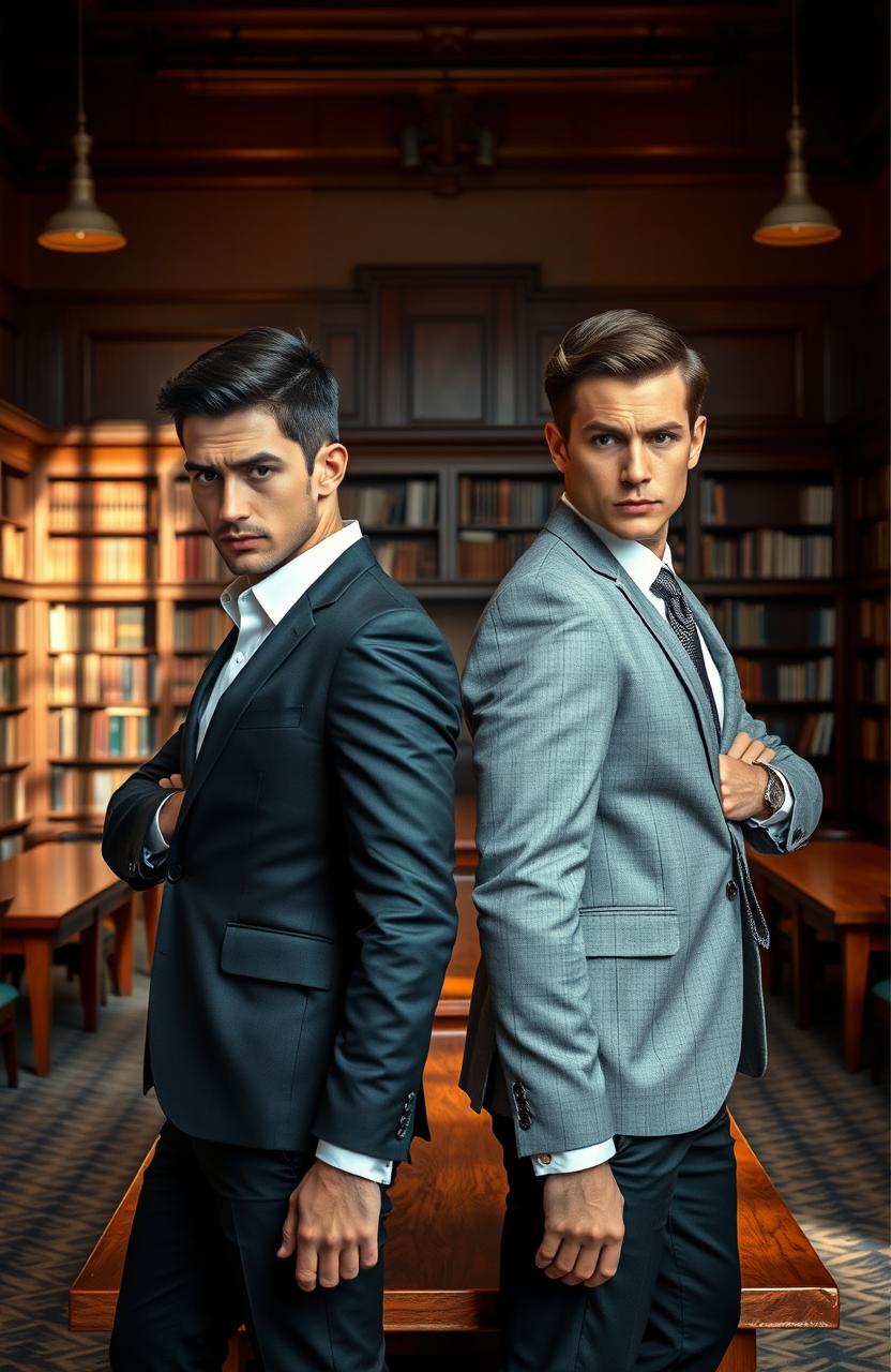 Two academic rivals standing back to back in a tense confrontation, both dressed in stylish academic attire, one wearing a dark tailored suit with a crisp white shirt and the other in a light gray blazer with a fashionable tie