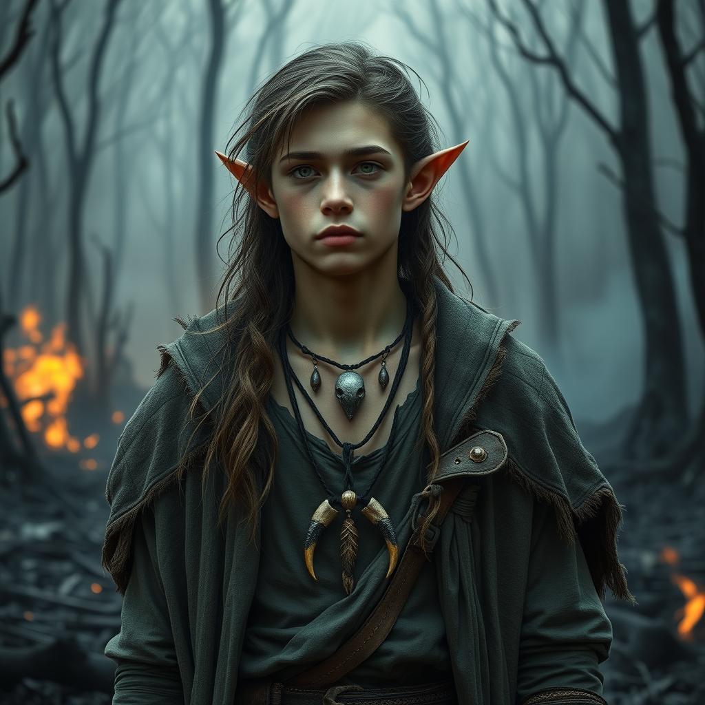 A young adult forest elf druid from the Circle of the Moon, standing amid a grim, ashen forest