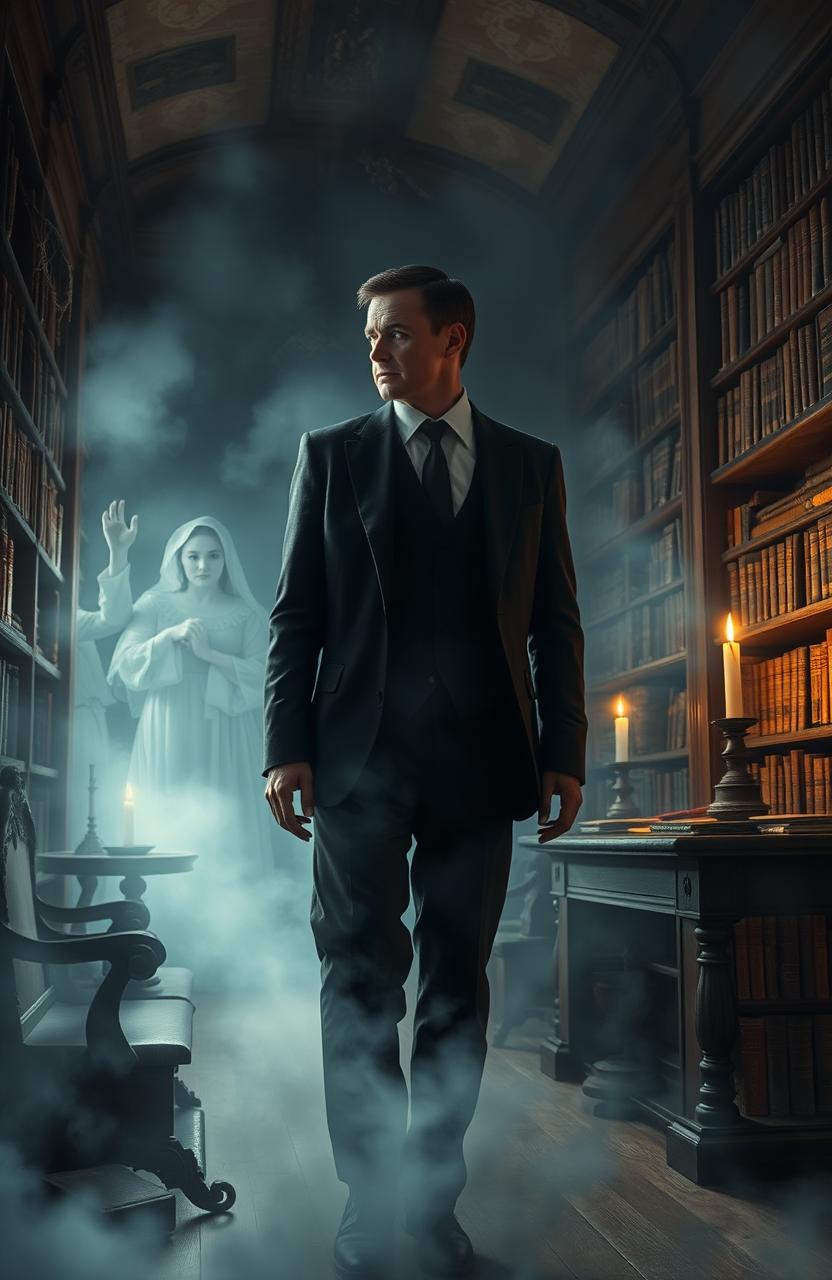 An evocative scene depicting a haunted lawyer standing in a dimly lit, ancient law library filled with dusty old books and mysterious artifacts