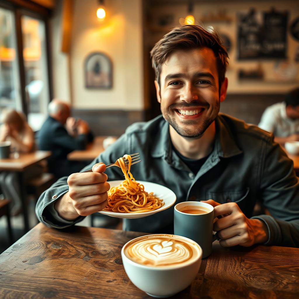 A cozy scene of a man enjoying a plate of pasta and a cup of coffee at a quaint cafe