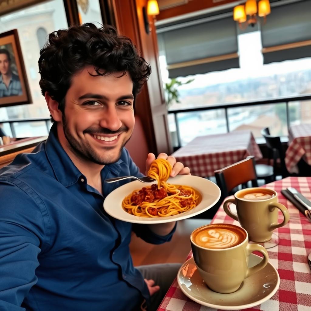 A man sitting at a cozy Italian restaurant table, enjoying a plate of delicious spaghetti bolognese