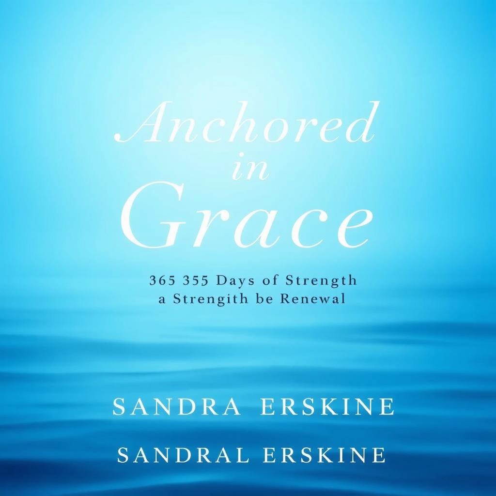 A professional book cover design for 'Anchored in Grace: 365 Days of Strength and Renewal' by Sandra Erskine, featuring a serene blue background that evokes tranquility and calmness