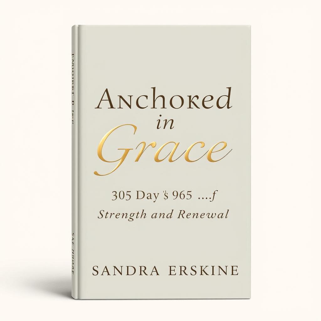 A professional book cover design for 'Anchored in Grace: 365 Days of Strength and Renewal' by Sandra Erskine, featuring an elegant and calming background