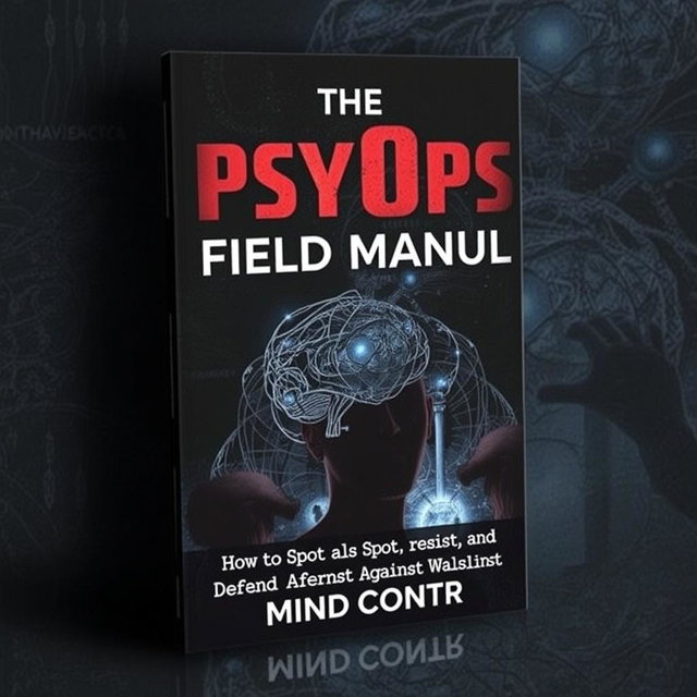 A striking and thought-provoking book cover design for 'The PsyOps Field Manual: How to Spot, Resist, and Defend Against Mind Control'