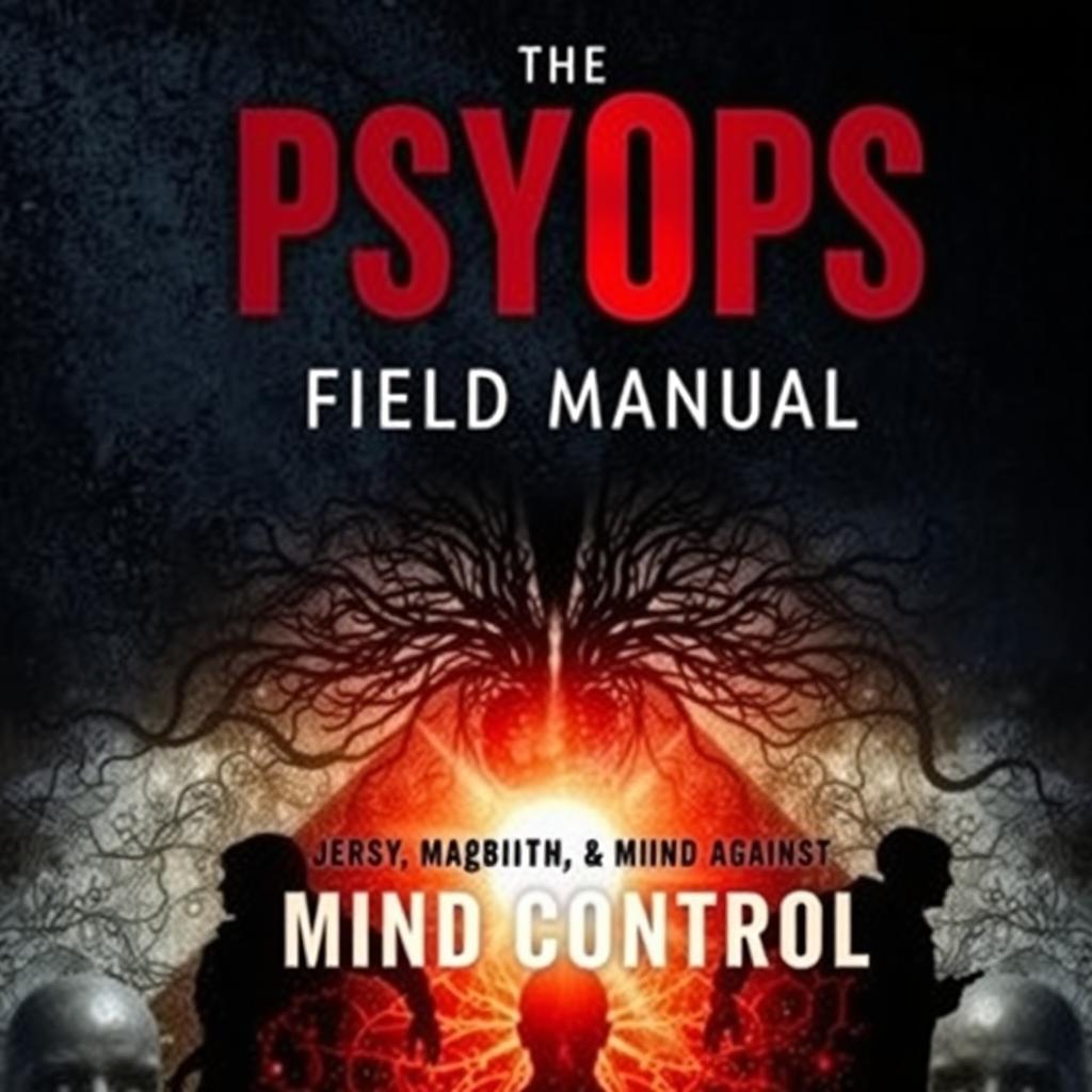 A striking and thought-provoking book cover design for 'The PsyOps Field Manual: How to Spot, Resist, and Defend Against Mind Control'