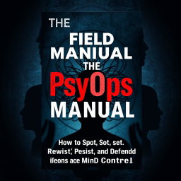 A striking and thought-provoking book cover design for 'The PsyOps Field Manual: How to Spot, Resist, and Defend Against Mind Control'