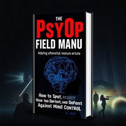 A striking and thought-provoking book cover design for 'The PsyOps Field Manual: How to Spot, Resist, and Defend Against Mind Control'