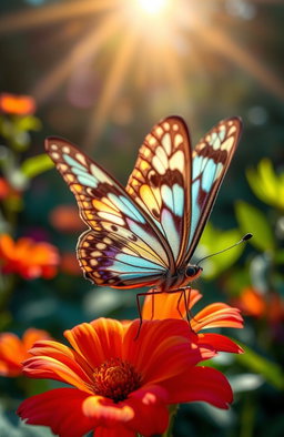 A stunning and detailed close-up of a beautifully colored butterfly with intricate patterns on its wings, perched delicately on a vibrant flower