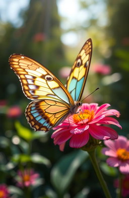 A stunning and detailed close-up of a beautifully colored butterfly with intricate patterns on its wings, perched delicately on a vibrant flower