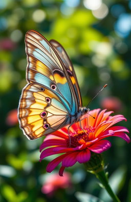 A stunning and detailed close-up of a beautifully colored butterfly with intricate patterns on its wings, perched delicately on a vibrant flower
