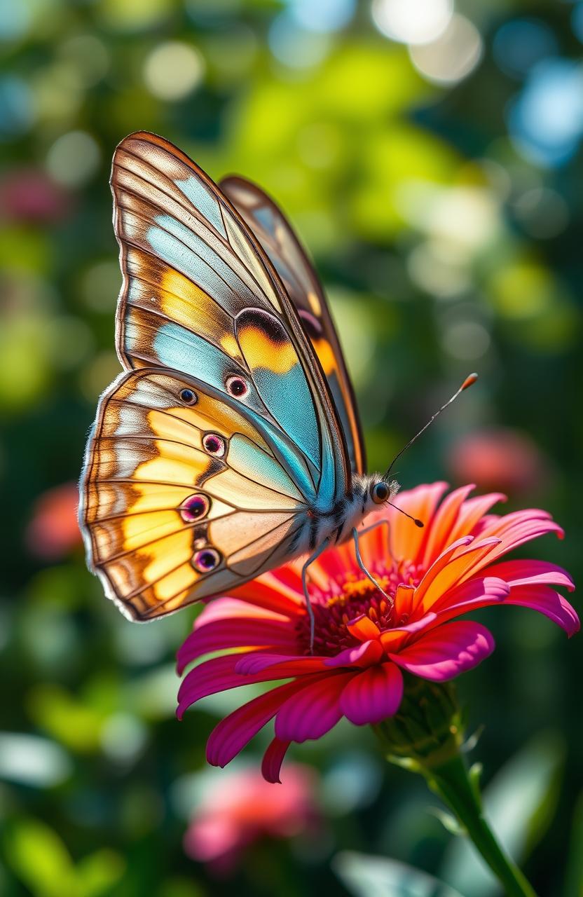 A stunning and detailed close-up of a beautifully colored butterfly with intricate patterns on its wings, perched delicately on a vibrant flower