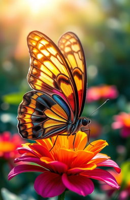 A stunning and detailed close-up of a beautifully colored butterfly with intricate patterns on its wings, perched delicately on a vibrant flower