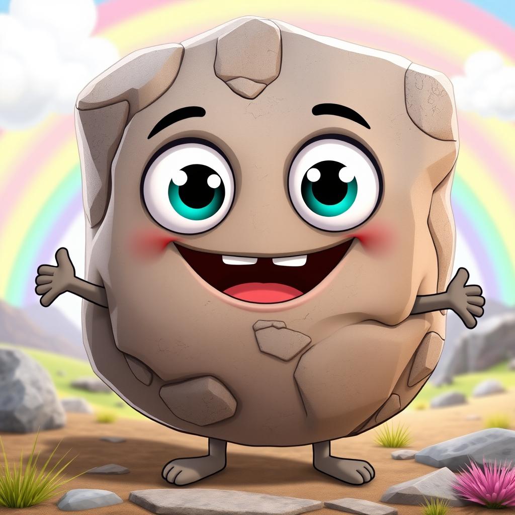 A cartoonish rock character with big, expressive eyes and a wide, smiling mouth