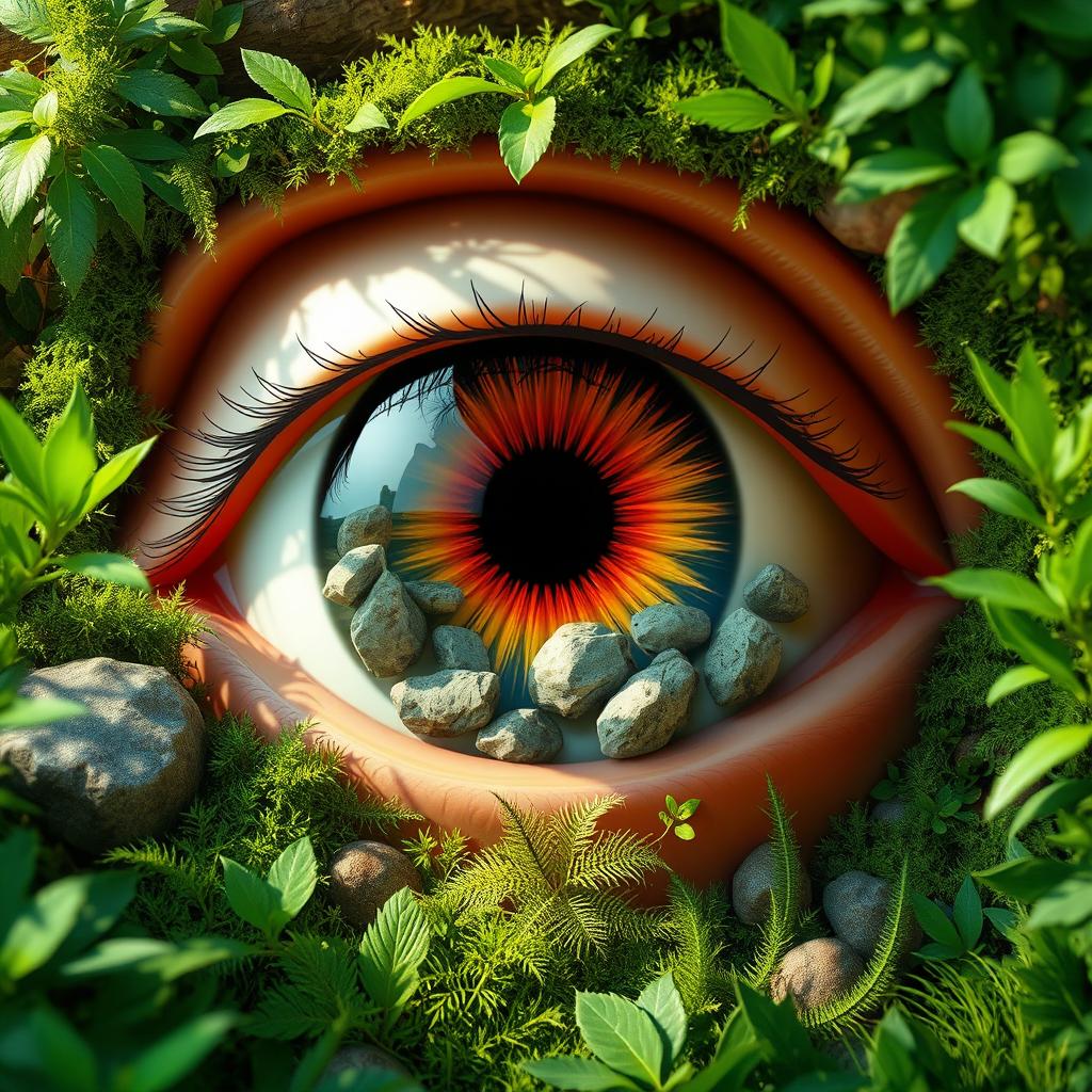 An eye in nature, with rocks moving inside it in an animated style