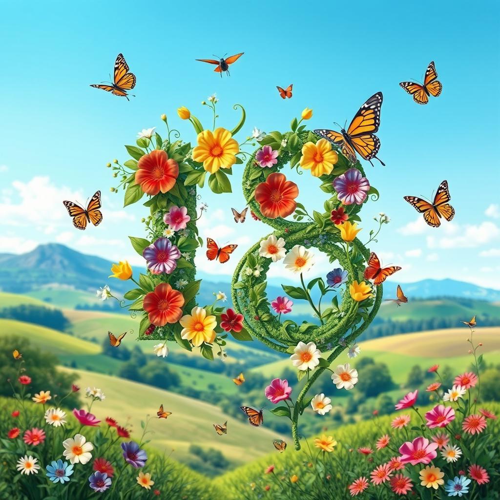 An artistic representation of the number 18, creatively integrated into a vibrant nature scene