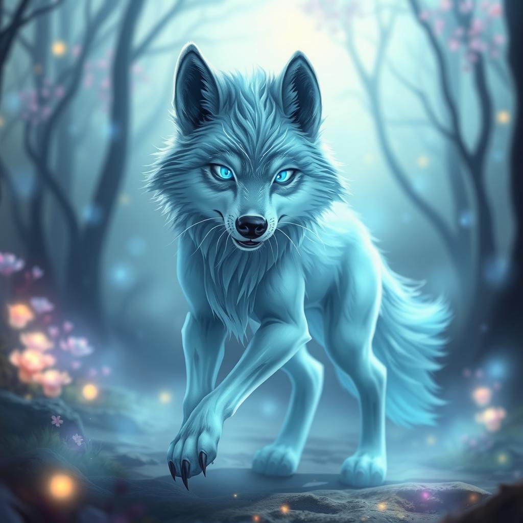 A spectral wolf in a fantasy setting, featuring a friendly and inviting demeanor