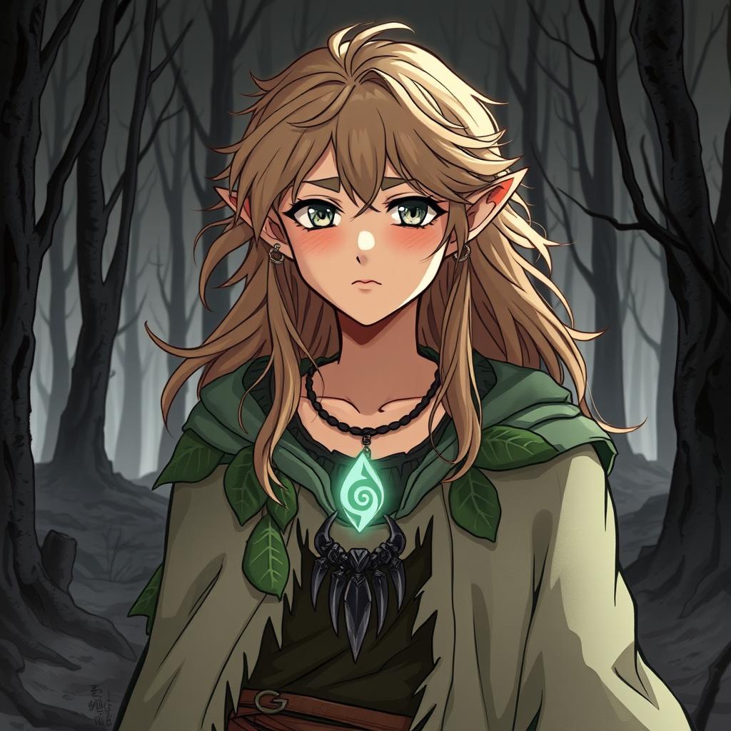 An anime-style depiction of a young adult forest elf druid from the Circle of the Moon, standing in a desolate forest turned to ashes
