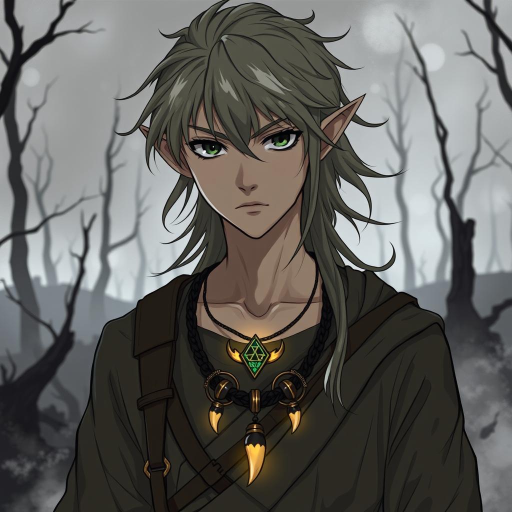 A serious depiction of a young adult forest elf druid from the Circle of the Moon in a catastrophic forest turned to ashes