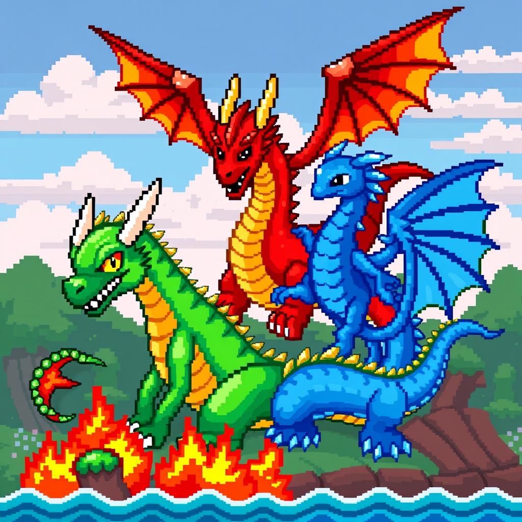 Three pixel art dragons, one green, one red, and one blue, each with distinctive features: the green dragon has vibrant emerald scales, sharp golden eyes, and wings spread wide showcasing pixelated clouds in the background