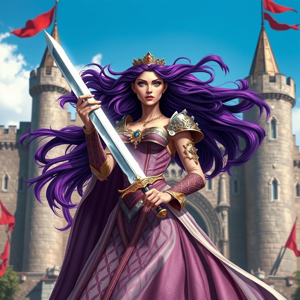 A regal queen with flowing purple hair, elegantly dressed in a majestic gown adorned with intricate patterns, holding a gleaming sword confidently