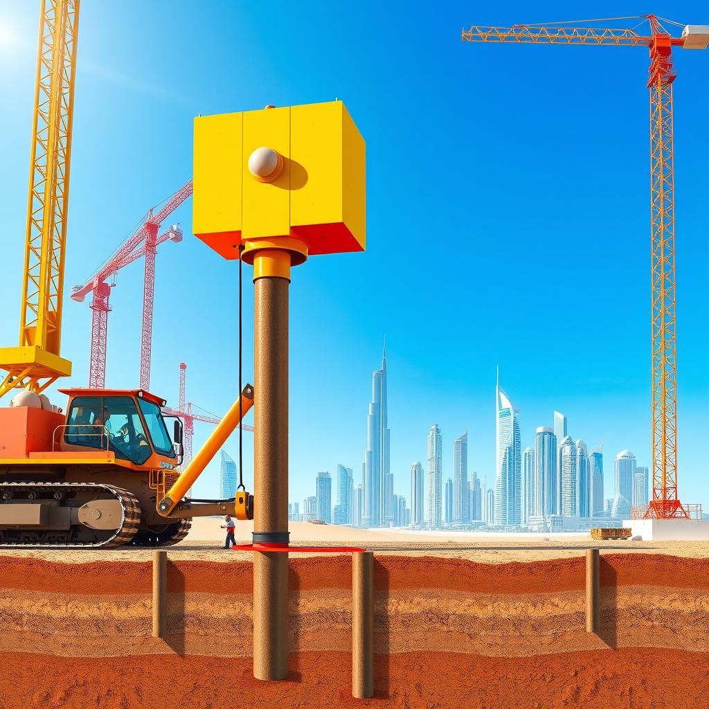 An engaging illustration of bearing piles being installed at a construction site in Dubai