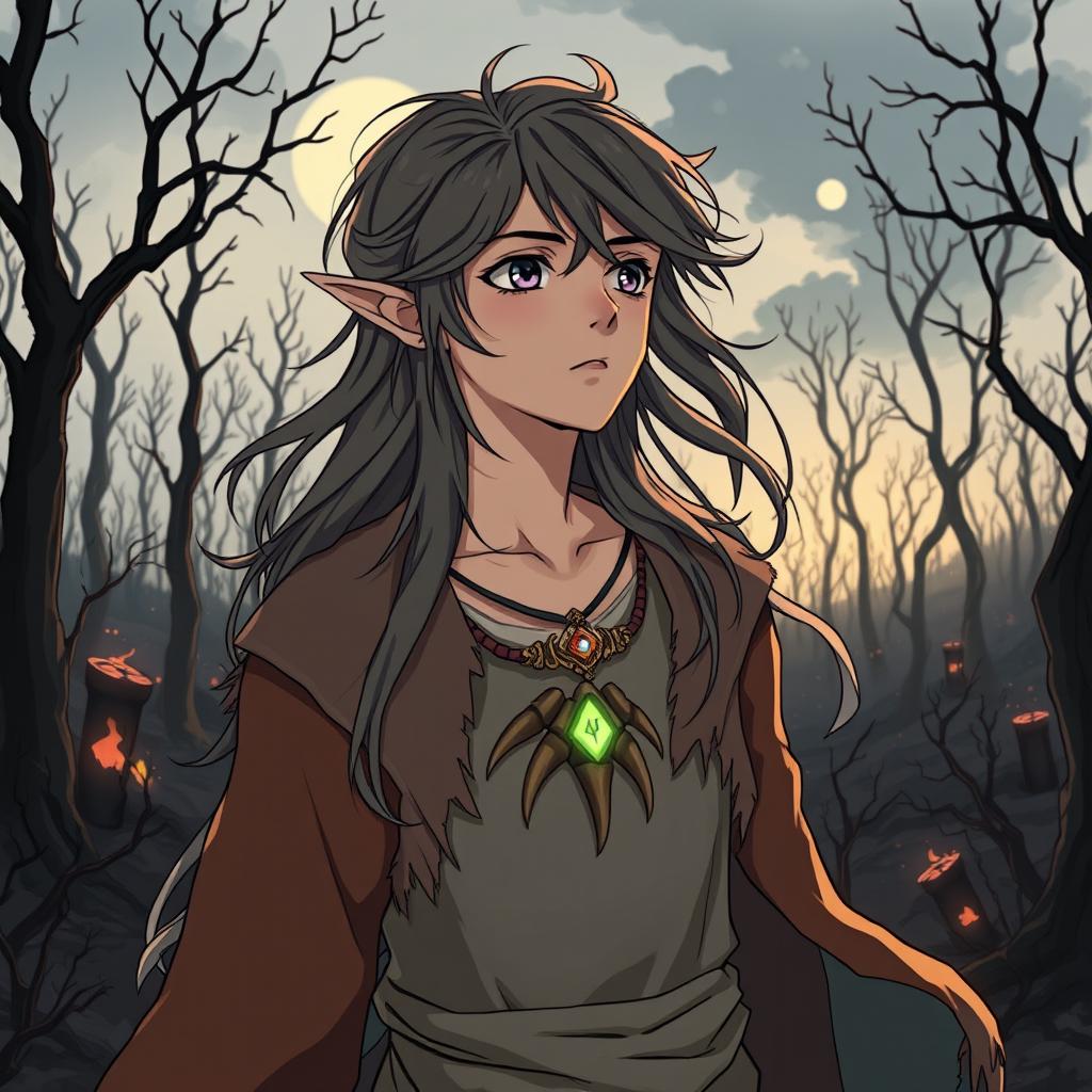 A young adult forest elf druid from the Circle of the Moon, beautifully illustrated in a Ghibli anime style, standing in a hauntingly beautiful forest turned to ashes