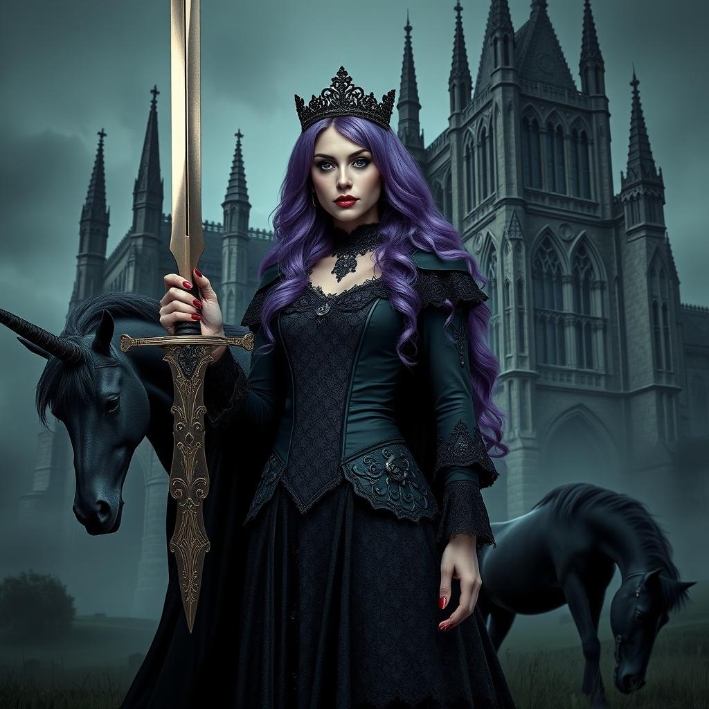 A stunning purple-haired gothic queen stands confidently, holding a beautifully crafted sword that glints in the light