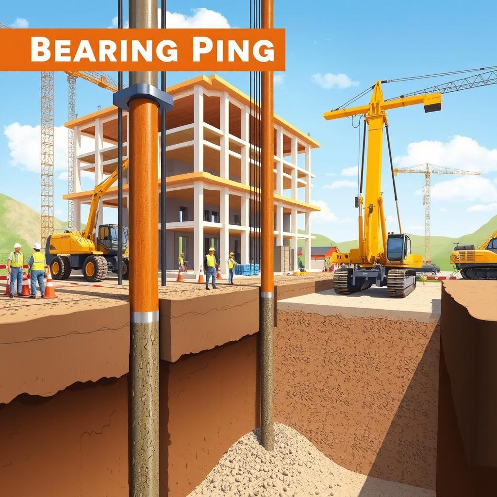 A dynamic illustration showing bearing piles in action at a construction site, focusing on their role in transferring the load of a structure to deeper, more stable soil