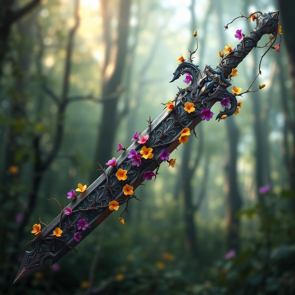 An ornate fantasy sword featuring intricate designs, completely covered in thorns and blooming flowers