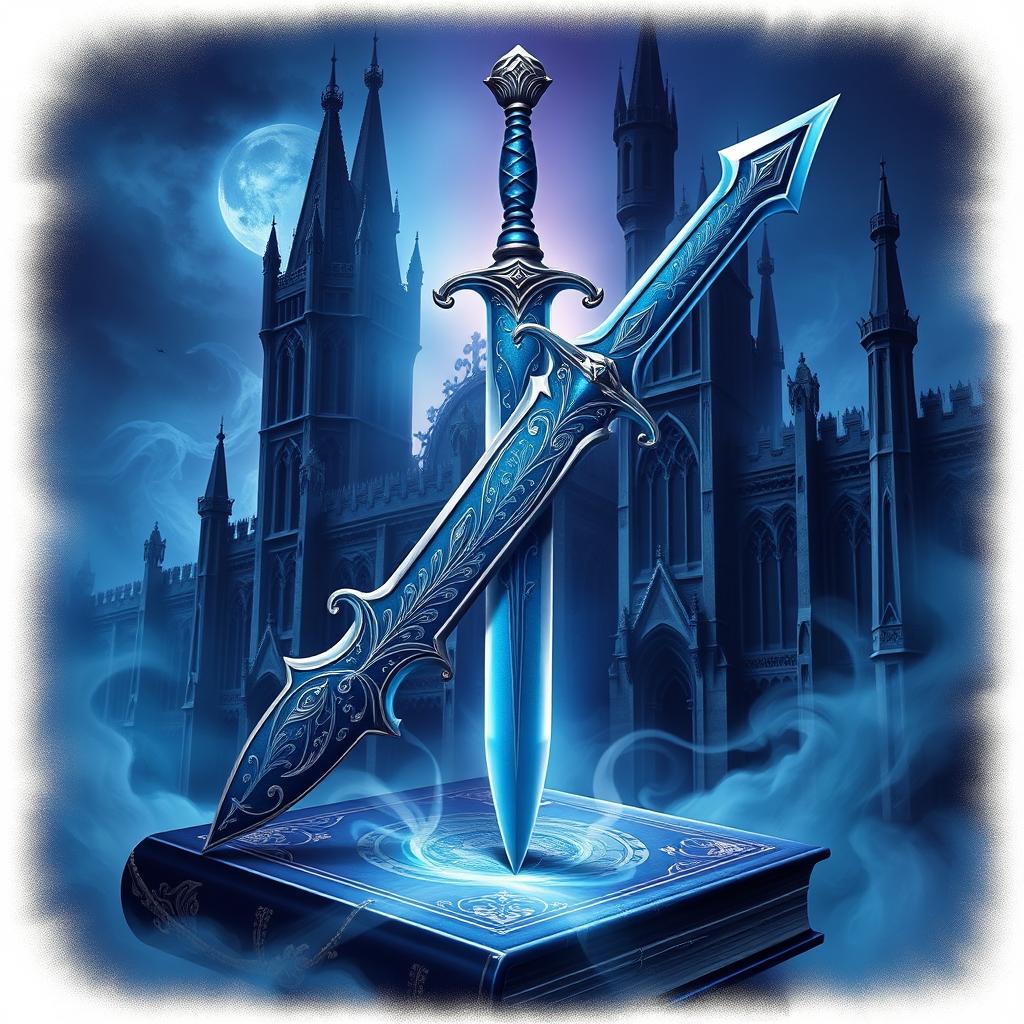 A beautifully crafted dagger with a stunning blue hilt prominently displayed on the cover of a fantasy book, featuring intricate designs on the blade