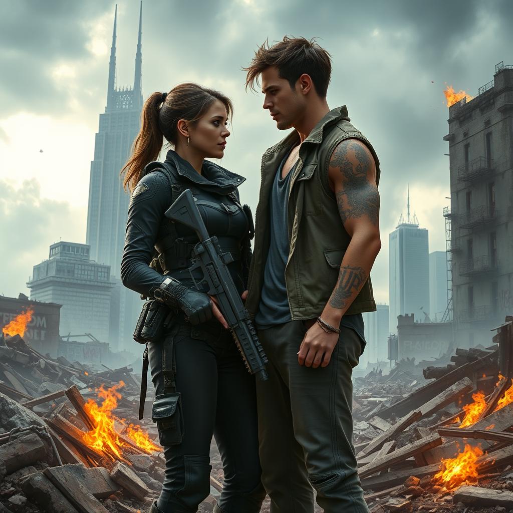 In a dystopian future set in 2125, the scene depicts Lena, a fierce rebel, and Cole, a time-traveler from 2025, amidst the ruins of a once-thriving city after World War III