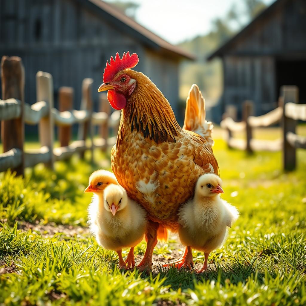 A captivating documentary scene showcasing a devoted mother hen with her chicks, emphasizing maternal instincts and nurturing behavior in the animal kingdom