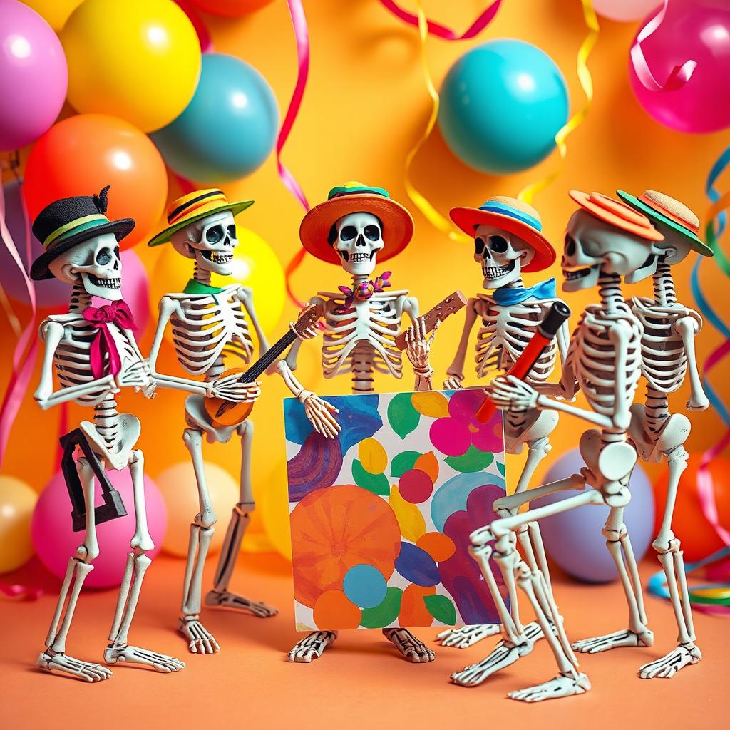A vivid scene featuring a variety of skeletons engaging in various activities, placed in a bright, colorful environment