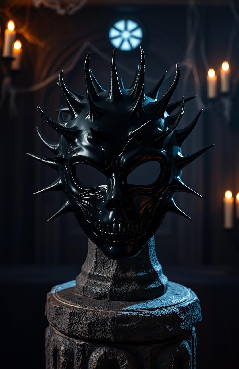 A striking black Halloween mask featuring intricate thorn-like designs protruding from the surface