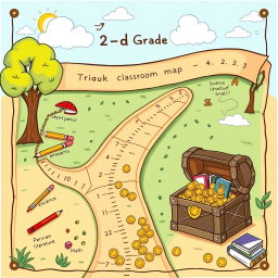 A treasure map designed for a second-grade classroom, illustrating a vibrant and engaging scene