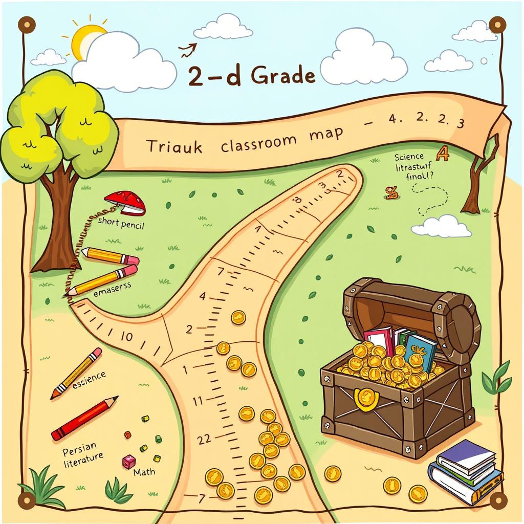 A treasure map designed for a second-grade classroom, illustrating a vibrant and engaging scene