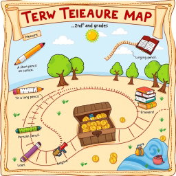 A treasure map designed for a second-grade classroom, illustrating a vibrant and engaging scene