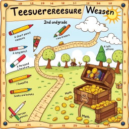 A treasure map designed for a second-grade classroom, illustrating a vibrant and engaging scene