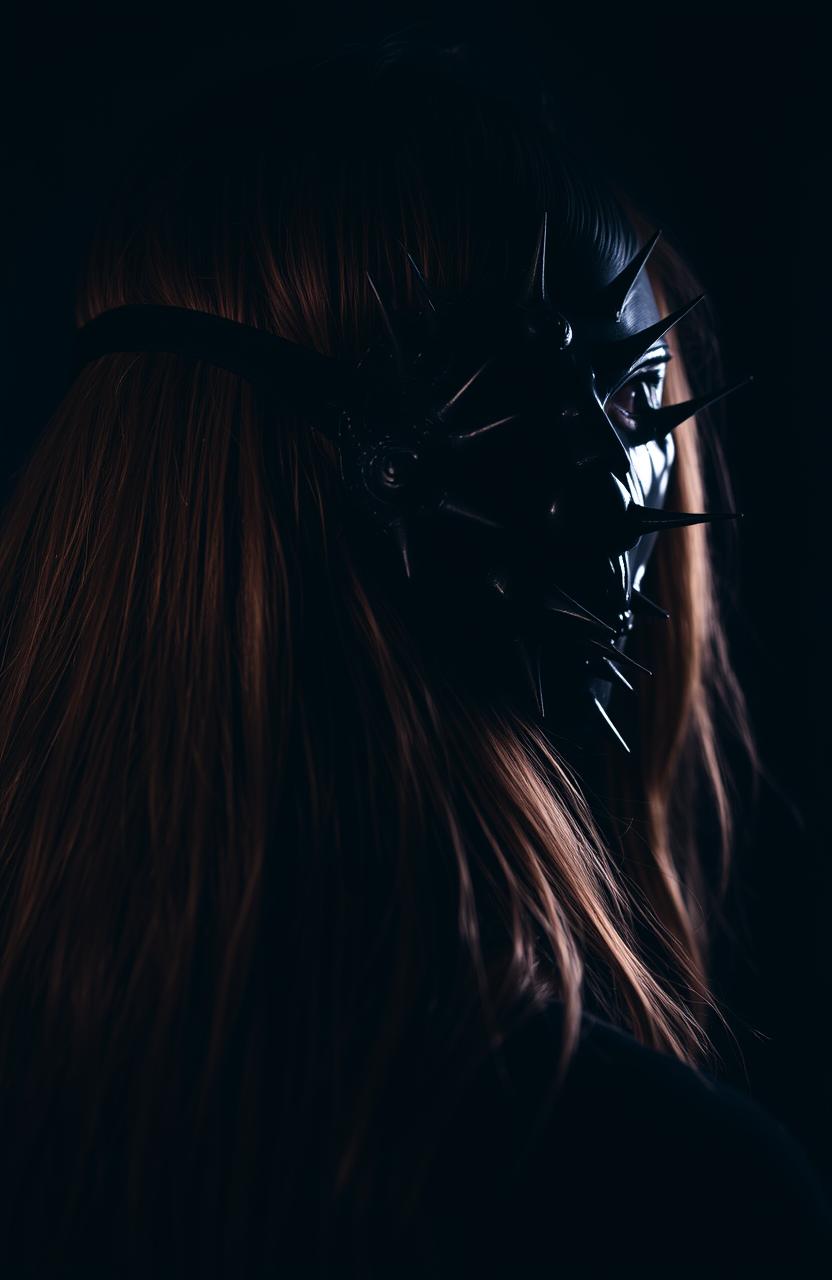 A close-up view of the back of a woman's head, showcasing long flowing hair, with a dramatic Black Halloween mask featuring intricate thorn-like protrusions emerging from the side