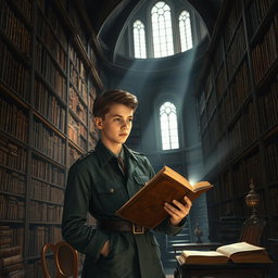 A scene depicting a military youth, dressed in a well-fitted military uniform, intently searching for archives in a grand, vintage library