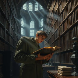 A scene depicting a military youth, dressed in a well-fitted military uniform, intently searching for archives in a grand, vintage library