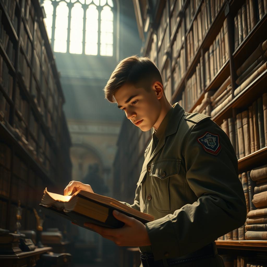 A scene depicting a military youth, dressed in a well-fitted military uniform, intently searching for archives in a grand, vintage library