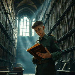 A scene depicting a military youth, dressed in a well-fitted military uniform, intently searching for archives in a grand, vintage library