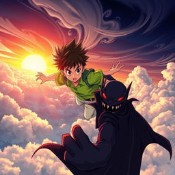 An anime-style scene depicting a young boy with spiky hair, wearing a vibrant green shirt and light-colored pants