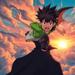 An anime-style scene depicting a young boy with spiky hair, wearing a vibrant green shirt and light-colored pants