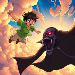 An anime-style scene depicting a young boy with spiky hair, wearing a vibrant green shirt and light-colored pants