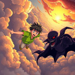 An anime-style scene depicting a young boy with spiky hair, wearing a vibrant green shirt and light-colored pants