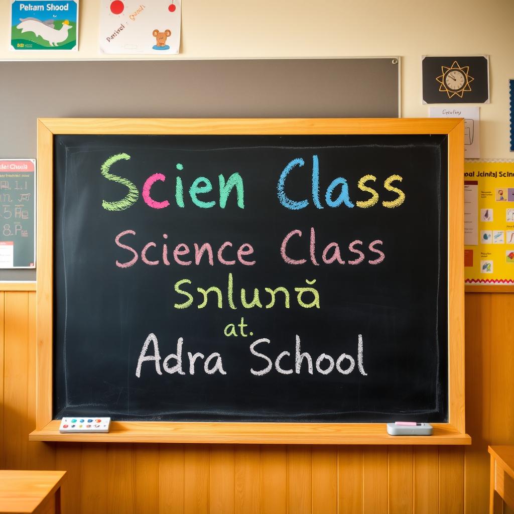 A chalkboard with the words "زنگ علوم" (Science Class) written prominently in bold, colorful chalk