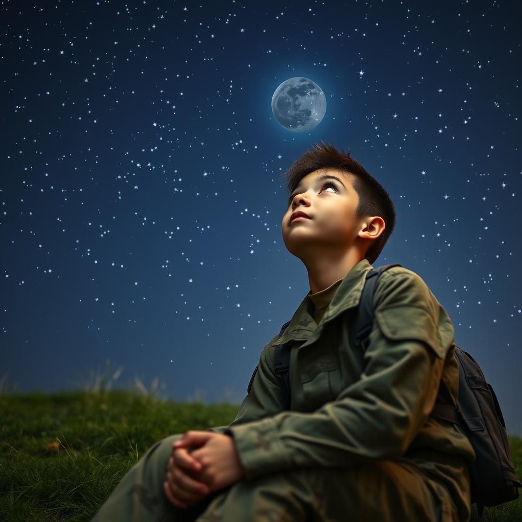 A young military recruit gazing up at a starry sky, with twinkling stars shining brightly overhead