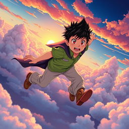 An anime-style scene featuring a young boy with spiky hair, wearing a bright green shirt and light-colored pants, soaring through a vibrant sky filled with fluffy clouds and a beautiful sunset